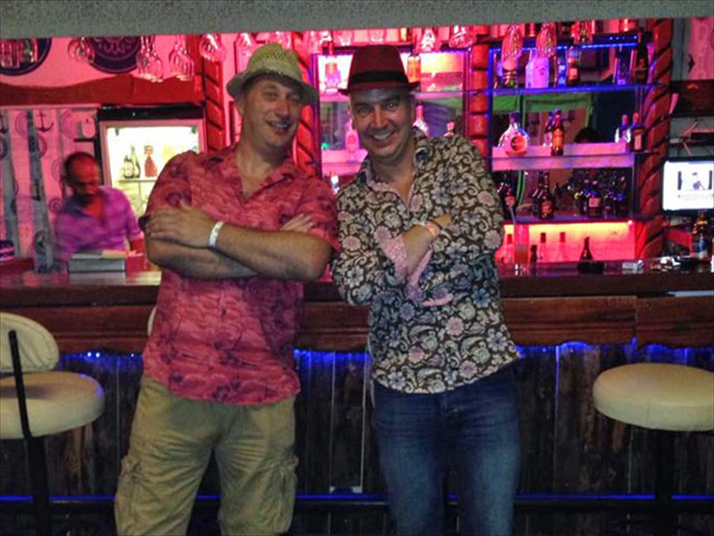 Right Said Fred' (Pete and Mike) pose for a photo in Bros Bar - the Stag & Hen do's met up and spent most of the evening together